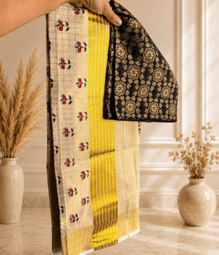 Kerala Tissue Setmund with Banarasi brocade blouse - Onachamayam