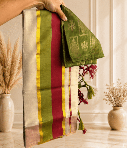 Kerala Tissue Setmund with Banarasi brocade blouse - Onachamayam