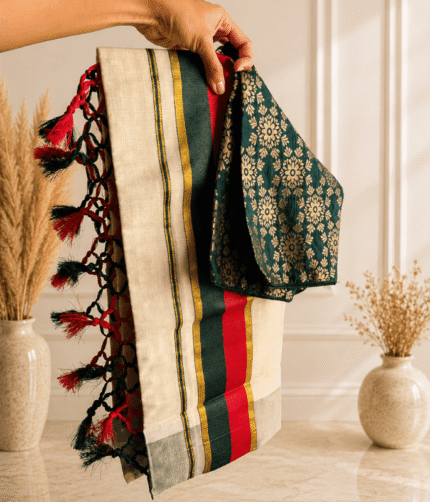 Kerala Tissue Setmund with Banarasi brocade blouse - Onachamayam