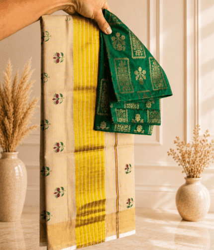 Kerala Tissue Setmund with Banarasi brocade blouse - Onachamayam