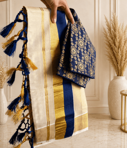 Kerala Tissue Setmund with Banarasi brocade blouse - Onachamayam