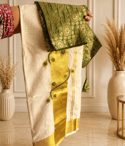 Kerala Tissue Setmund with Banarasi brocade blouse - Onachamayam