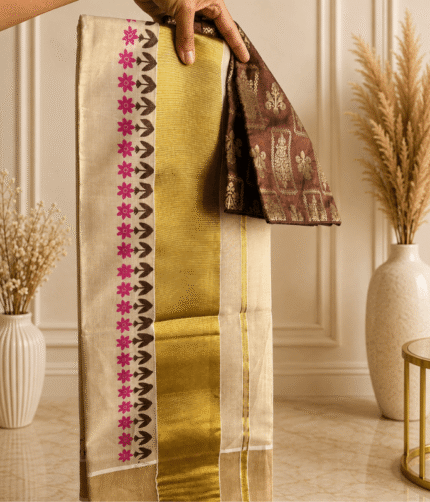 Kerala Tissue Setmund with Banarasi brocade blouse - Onachamayam