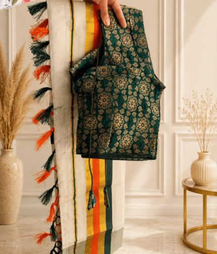 Kerala Tissue Setmund with Banarasi brocade blouse - Onachamayam