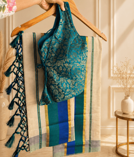 Kerala Tissue Setmund with Banarasi brocade blouse - Onachamayam