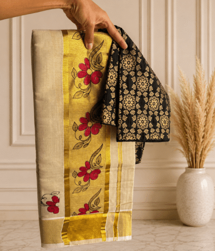 Kerala Tissue Setmund with Banarasi brocade blouse - Onachamayam