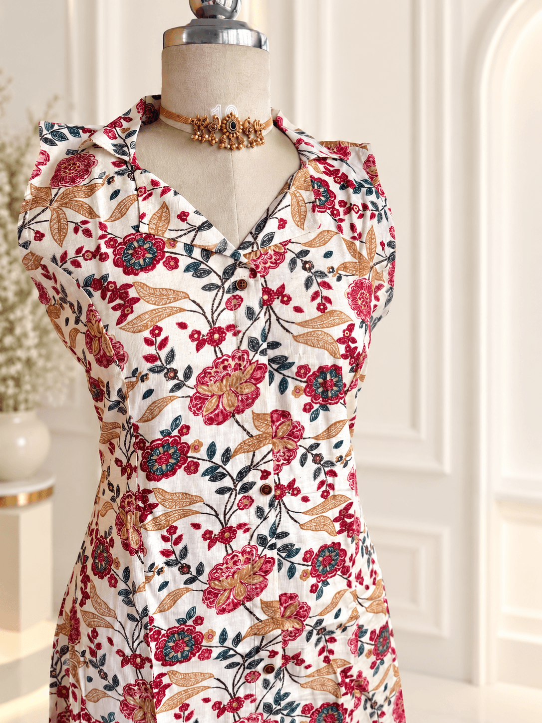 Floral Linen Dress with Gold Choker